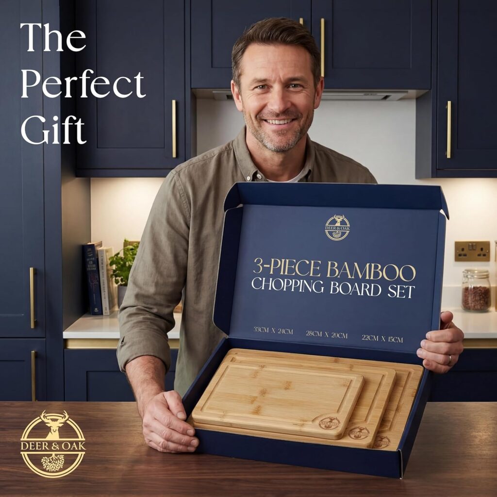 deer & oak 3 piece bamboo chopping board set, pre oiled wooden cutting chopping boards for kitchens