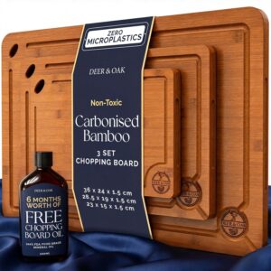 deer & oak 3 piece bamboo chopping board set, pre oiled wooden cutting chopping boards for kitchens